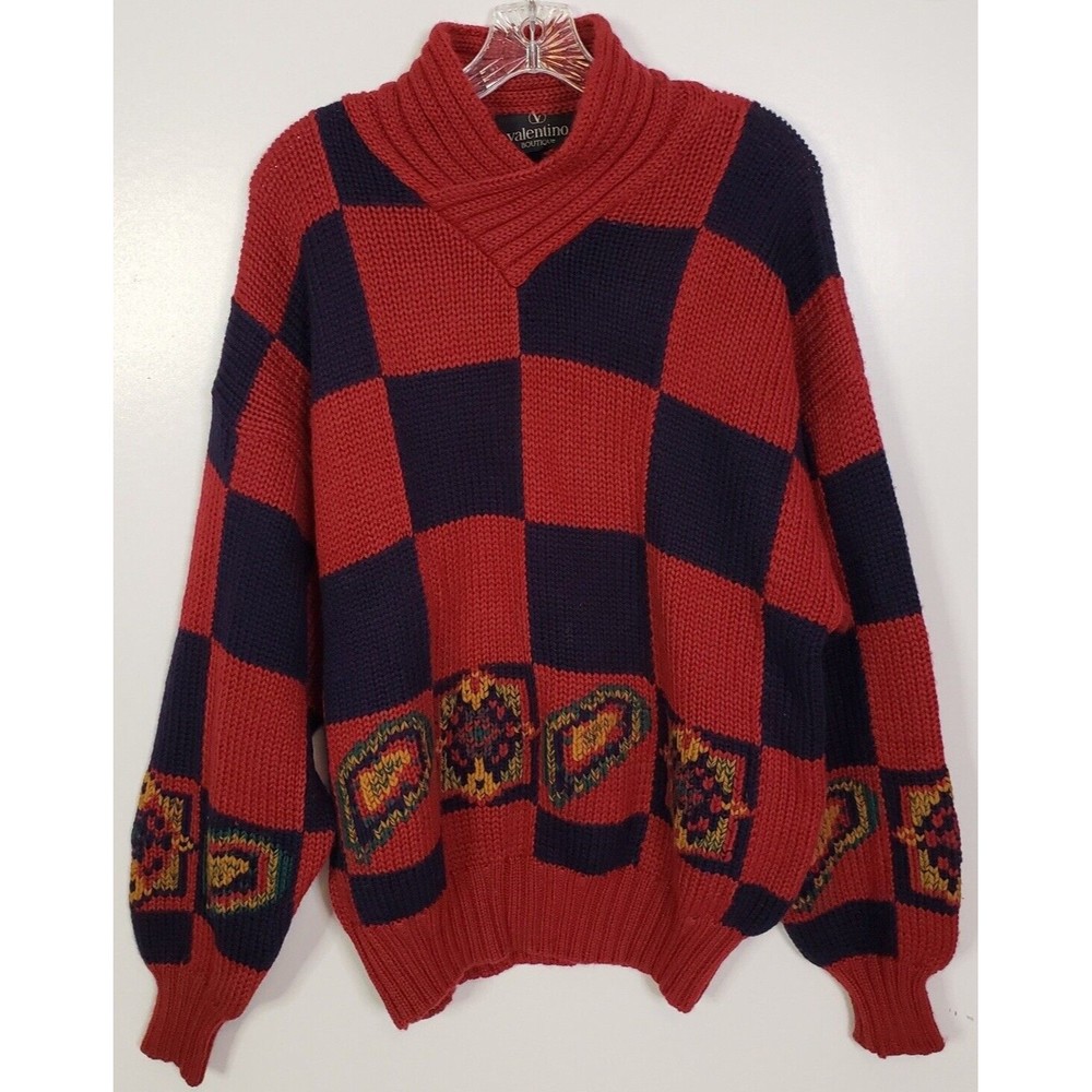 VTG Valentino Boutique Mens Sz 50/40 Wool Grandpa Sweater Thick Red Blue Check